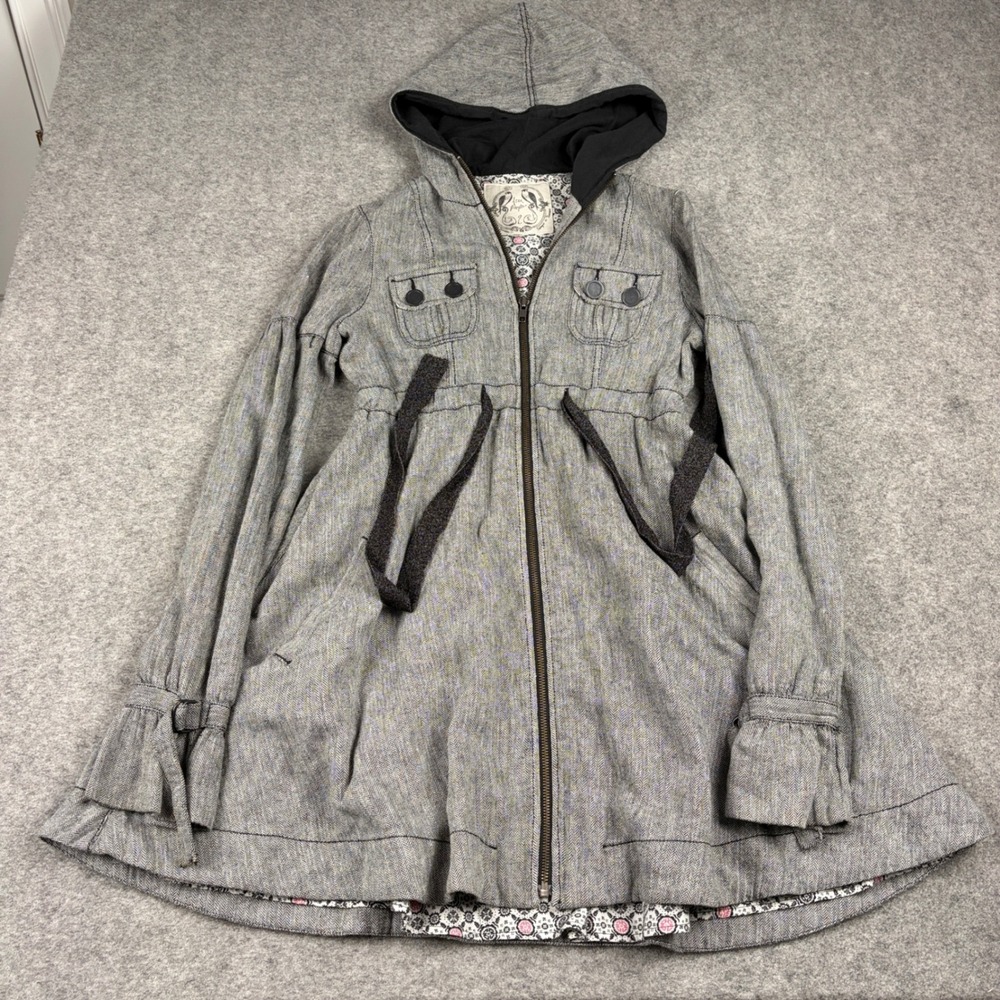 Free People Jacket Womens Small Grey Herringbone Linen Blend Hooded Peplum Boho‎